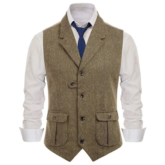 Men Vest Khaki Herringbone Single Button With Lapel Waistcoats For Wedding Banquet Business Office Work Daily Men Suit Vest