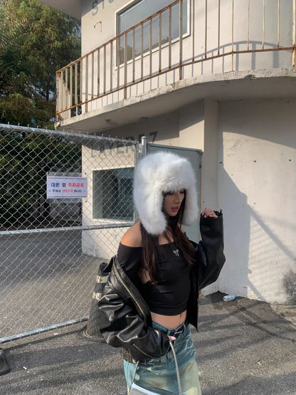 Korean Ins Imitation Mink Plush Hat Winter Women Ear Protection Bomber Hats Fashion Warm Fluffy Faux Fur Ski Beanies Y2k Gift