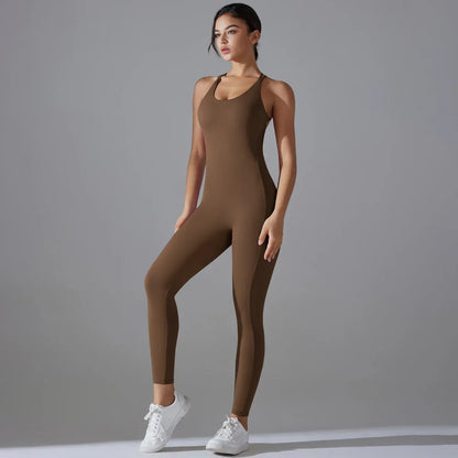 Sexy Backless Bodycon Scrunch Jumpsuit Raises Butt Women Dance Fitness Overalls Push Up Sleeveless Yoga Sport Jump Suit