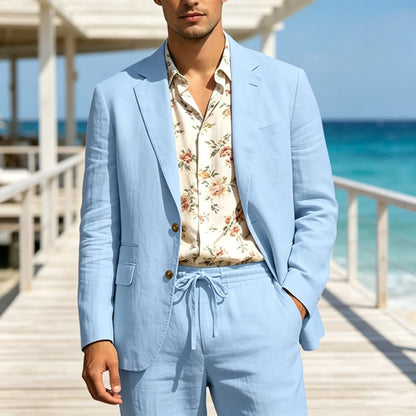 Men's Linen Suit 2 Piece Set Blazer & Drawstring Pants Business Casual Suit Jacket Trousers Summer Beach Wedding Formal Outfit