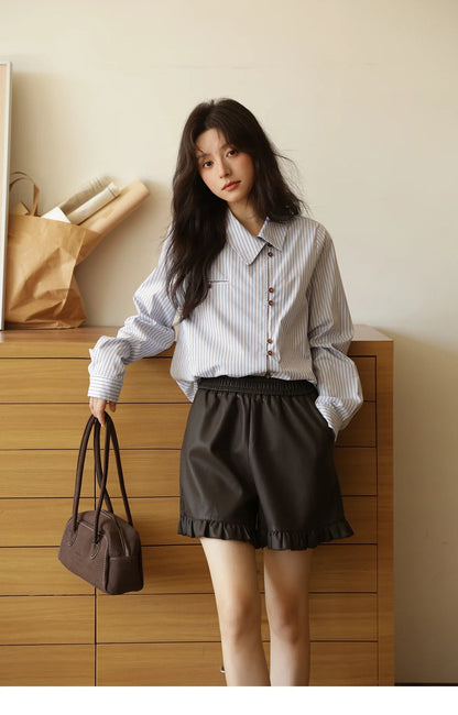 Women's Striped Asymmetric Shirt 2025 Autumn New Arrival Vintage Loose Long Sleeve Tops Commuter Woman Clothes MXE42C2375
