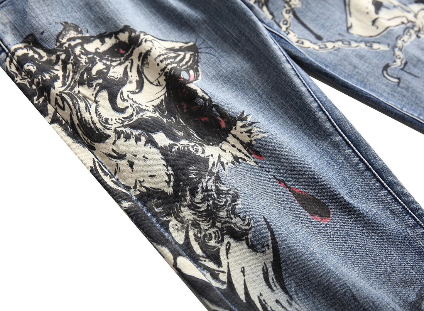 2026 Men's Blue 3D Printing Jeans, Black Wolf Pattern Printed Punk Straight Cotton Casual Print Denim Pants Asian Size 28-42