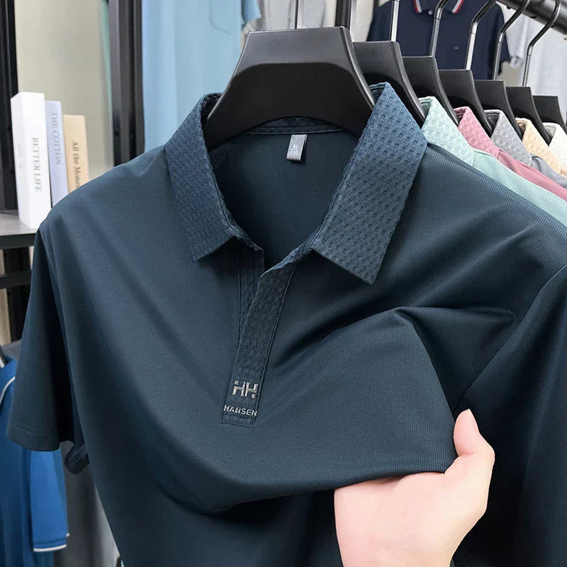 Fashion V-neck short sleeve T-shirt men's summer solid color silky smooth breathable personalized jacquard buttonless polo shirt