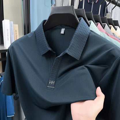 Fashion V-neck short sleeve T-shirt men's summer solid color silky smooth breathable personalized jacquard buttonless polo shirt