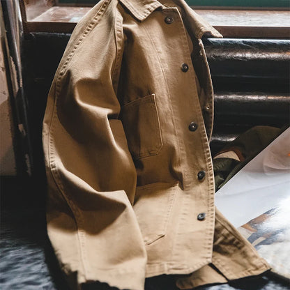 Heavyweight Twill Fabric Four-pocket Chore Coat for Men Khaki Color Turn-down Collar Utility Jacket Male Autumn Jackets