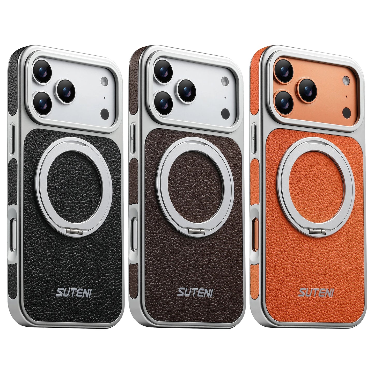 Faux Leather Magnet Wireless Charging Phone Case 360° Rotating Stand Ring Buckle Frosted Feel For iPhone 17 Pro Max 16 15