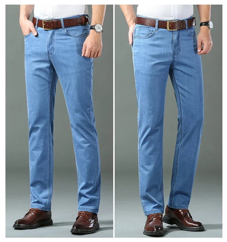 New Ice Silk Thin Denim Jeans for Men Blue Straight Stretch Cotton Denim Pant Business Casual Lightweight Trousers Spring Summer
