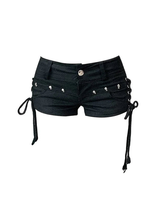 Y2K Vintage Gothic Denim Shorts Women Black Korean Low Waist Aesthetic Cowboy Short Pants Summer Clothes