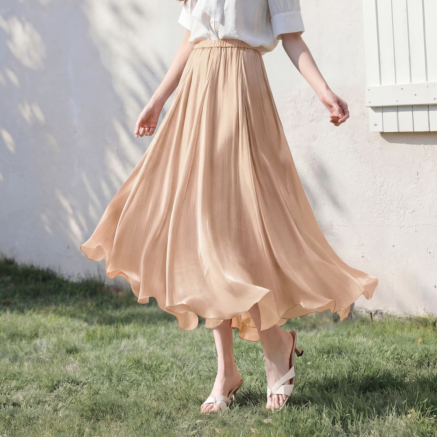 Women's Gray Elegant Skirt 2026 Summer Elastic Waist Sheen Flowy A Line Long Skirt for Woman Ladies Clothes 162QG4909