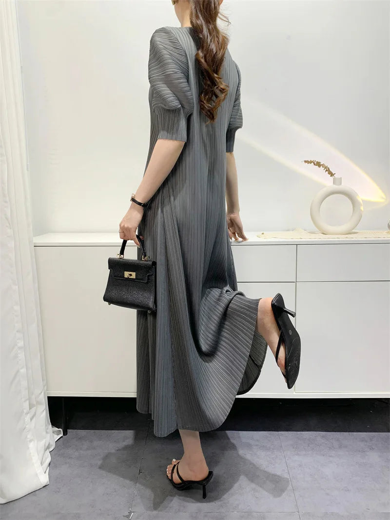 Miyake Pleated Dress 2024 Summer New Round Neck Loose and Comfortable A-line Short Sleeve Maix Dress