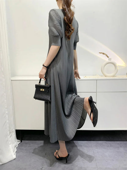 Miyake Pleated Dress 2024 Summer New Round Neck Loose and Comfortable A-line Short Sleeve Maix Dress
