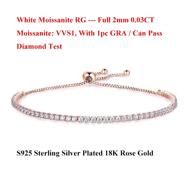 Full 2mm 0.03CT Moissanite Diamond Tennis Bracelet for Woman 925 Silver Plated 18K Rose Gold Adjustable Link Bracelets Gift