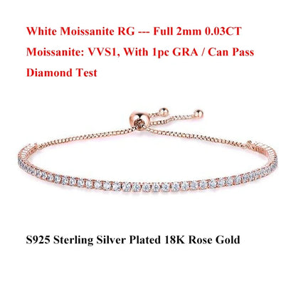 Full 2mm 0.03CT Moissanite Diamond Tennis Bracelet for Woman 925 Silver Plated 18K Rose Gold Adjustable Link Bracelets Gift
