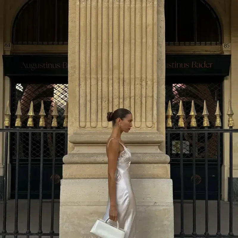 Women Sexy V-neck Satin Sling Maxi Dresses Chic White Lace Patchwork Sleeveless Backless Slim Gowns Summer Evening Party Dress