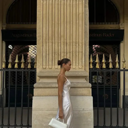 Women Sexy V-neck Satin Sling Maxi Dresses Chic White Lace Patchwork Sleeveless Backless Slim Gowns Summer Evening Party Dress