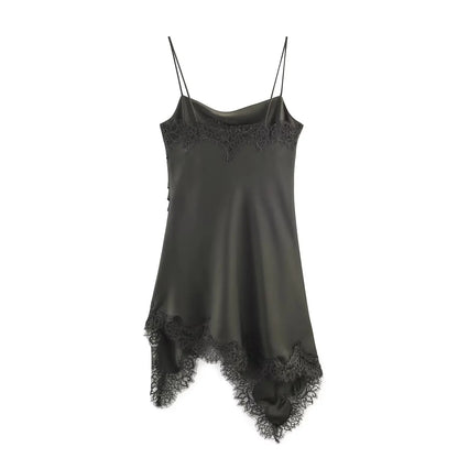 Lace Underwear Sling Dress Women Fashion Autumn Asymmetric satin texture Mini Dresses French Chic Female Evening Clothing