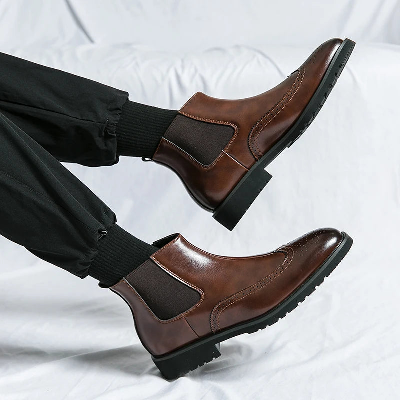 Luxury Men Brogue Boots Men's Ankle Boots High Quality Mens Chelsea Boots Slip on Oxford Formal Business Shoes Plus Size 38-46