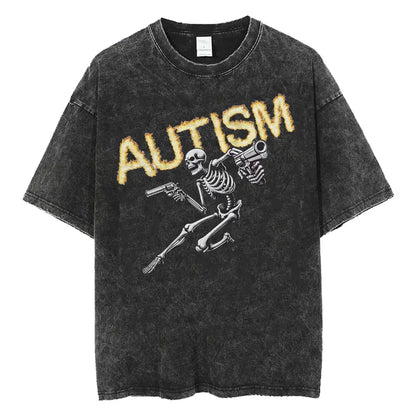 Autism Skeleton Meme T Shirt Human Funny Skull Men Women Harajuku Gothic Vintage Washed T Shirts Oversized Casual Cotton T-shirt