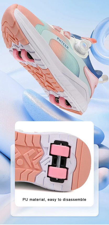 Kids Two Wheels Roller Skating Shoes With Light Magic Stick Walking Shoes Detachable Wheels Roller Skate Shoes For Teenagers