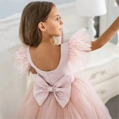 Customized Flower Girl Dress for Wedding Glitter High Waist Short Sleeve Floor Length Elegant Kids Birthday First Communion Gown