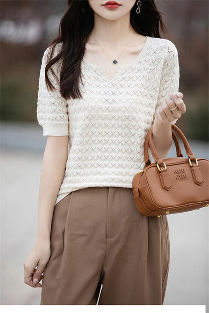 Women's T-shirt Summer New 100% Pure Cotton Tees Casual Solid Knitted Short sleeved V-neck Pullover Loose Tops Fashion Sweater