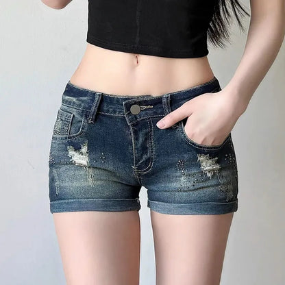 Summer Women Hole Denim Shorts Sexy Low Waist Slim Fit Hot Rhinestones Short Jeans Woman Retro Y2K Streetwear Roll Up Hem Shorts