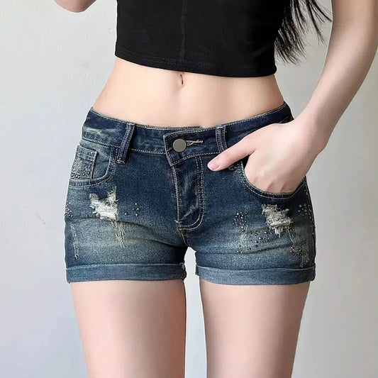 Summer Women Hole Denim Shorts Sexy Low Waist Slim Fit Hot Rhinestones Short Jeans Woman Retro Y2K Streetwear Roll Up Hem Shorts