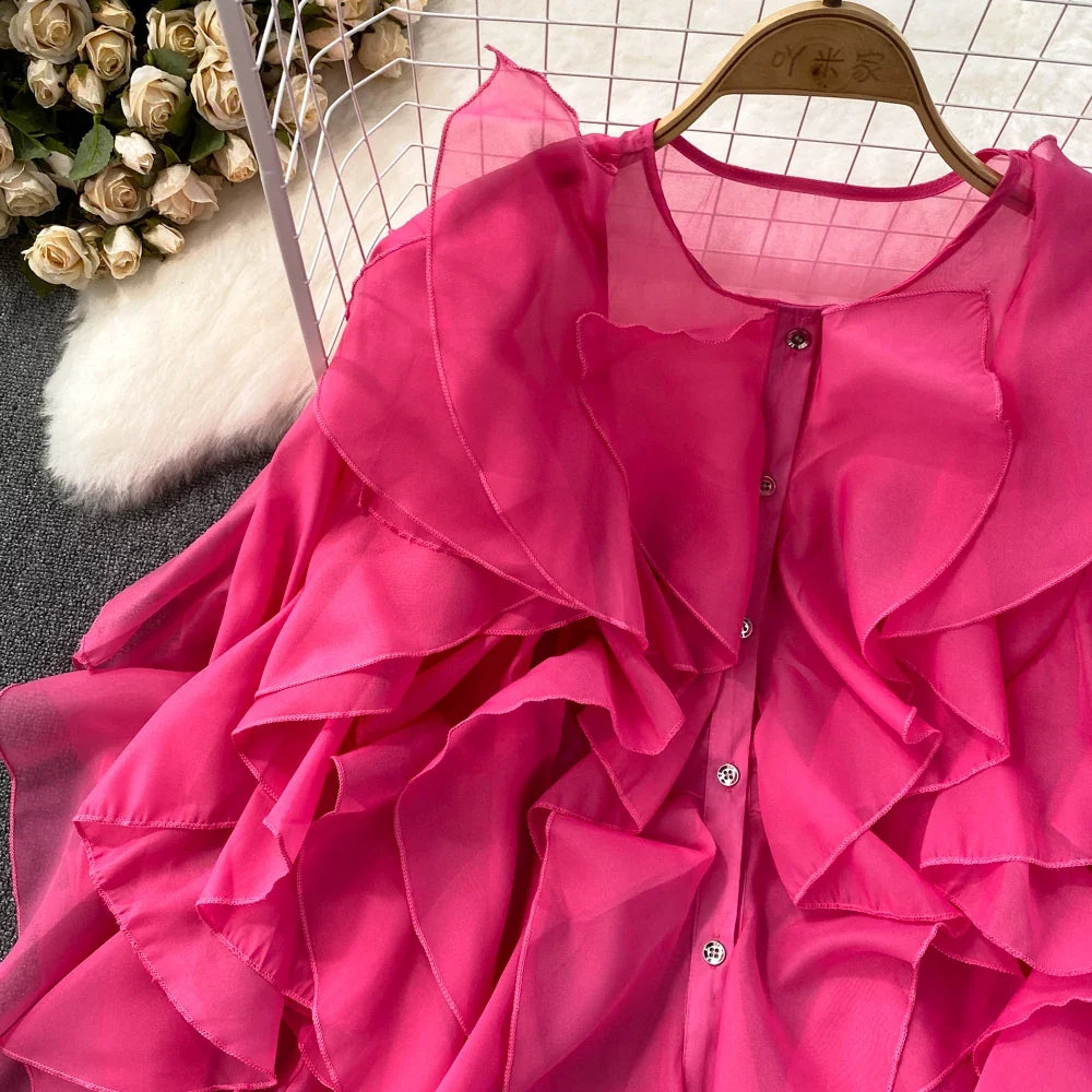 Autumn Blouse for Women Fashion O-neck Long Puff Sleeve Flounced Edge Shirts French Chic Versatile Female Tops Dropshipping