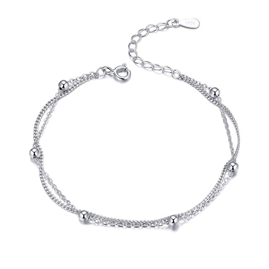Bracelet chaîne en argent 925, double couche, perles rondes, maillons de chaîne, pour femmes, 19 cm, réglable, bijoux plaqués or 14 carats