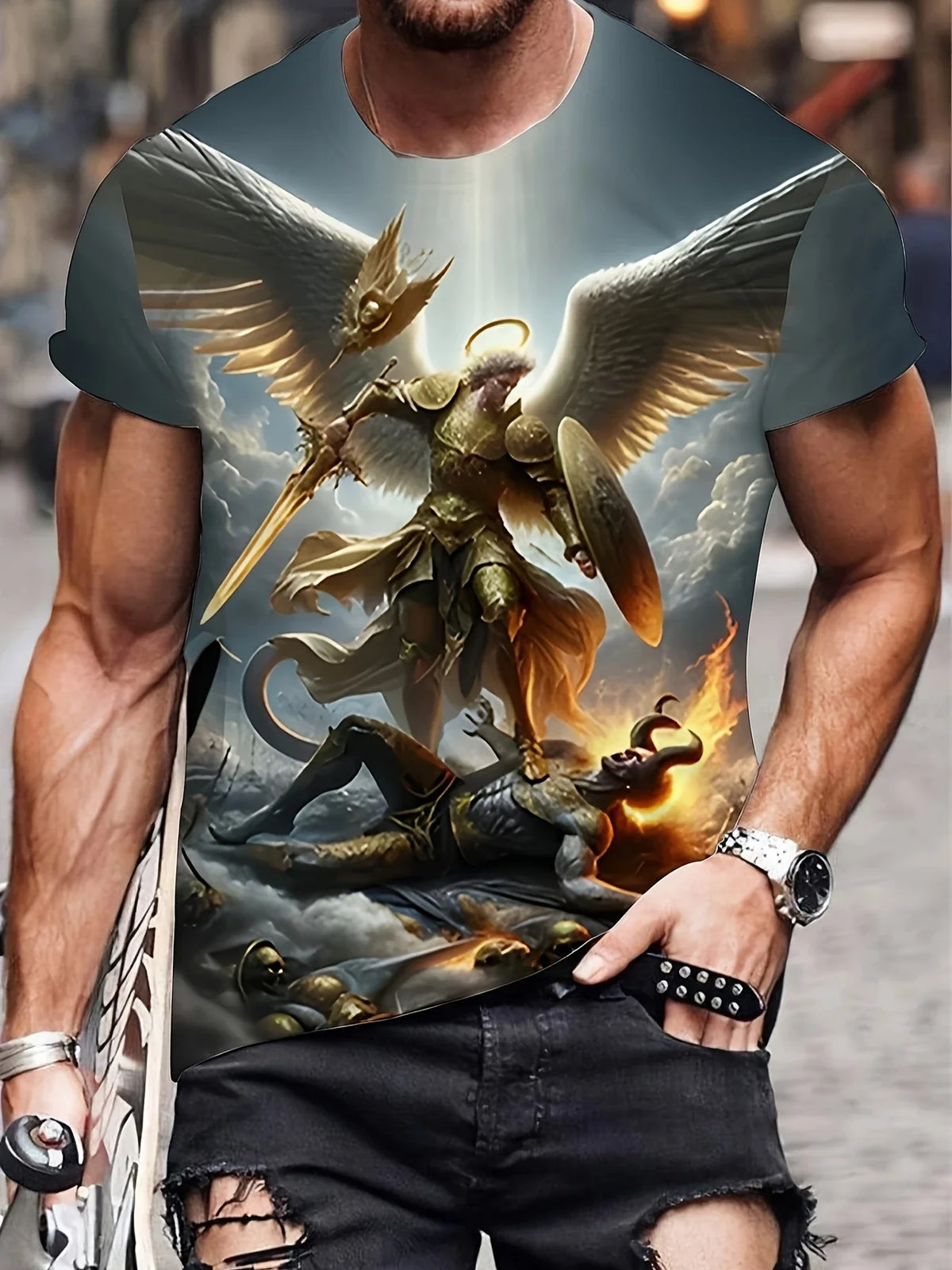 Mens 3d Angel Warrior Graphic T Shirt Golden Sword Design 3D Printed Tshirt For Men Clothes Wing Ornate Border Unisex Tee Tops