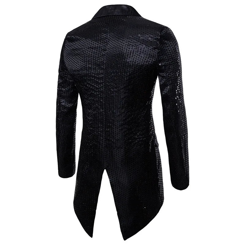 2026 Men's Gold V-Neck Long Sleeve Tuxedo, TV Performance Magic Long Jacket Shiny Sequin Decoration Red Blue Black Blazer S-XXL