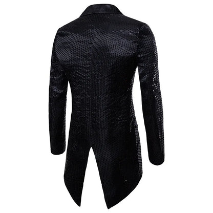 2026 Men's Gold V-Neck Long Sleeve Tuxedo, TV Performance Magic Long Jacket Shiny Sequin Decoration Red Blue Black Blazer S-XXL
