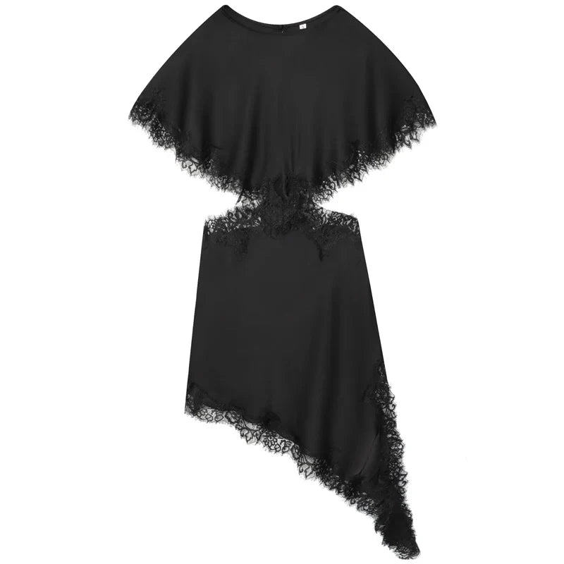 Lace Asymmetric Dress Women 2026 Sexy Mini Satin Batwing Sleeve Dress Luxury Women's Elegant Party Dress Hollow Out Vestido