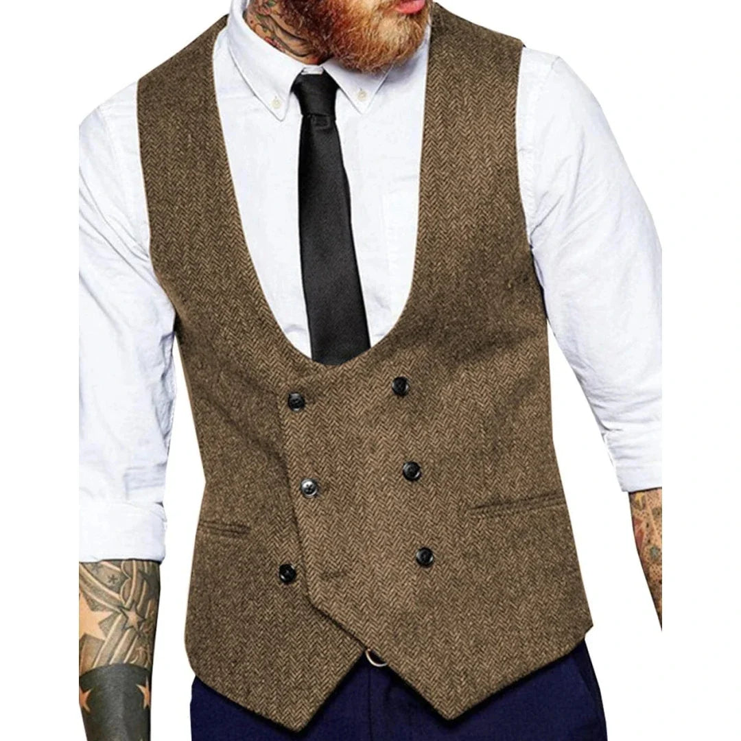 Men Vest Army Green Herringbone Solid Double Button Waistcoat For Wedding Banquet Business Work Casual Daily Men Suit Vest