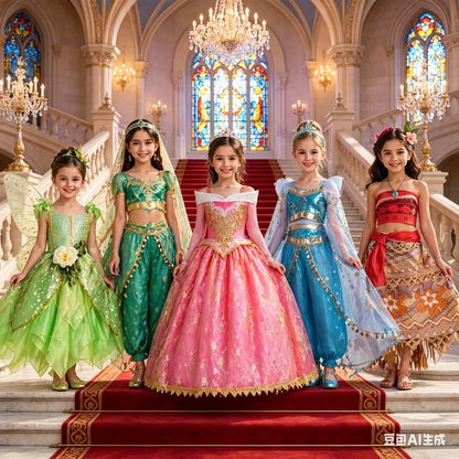 Elsa Anna Snow White Moana Rapunzel Ariel Belle Princess Dress for Girls Cosplay Carnival Birthday Party Outfit Kids 2-8Y