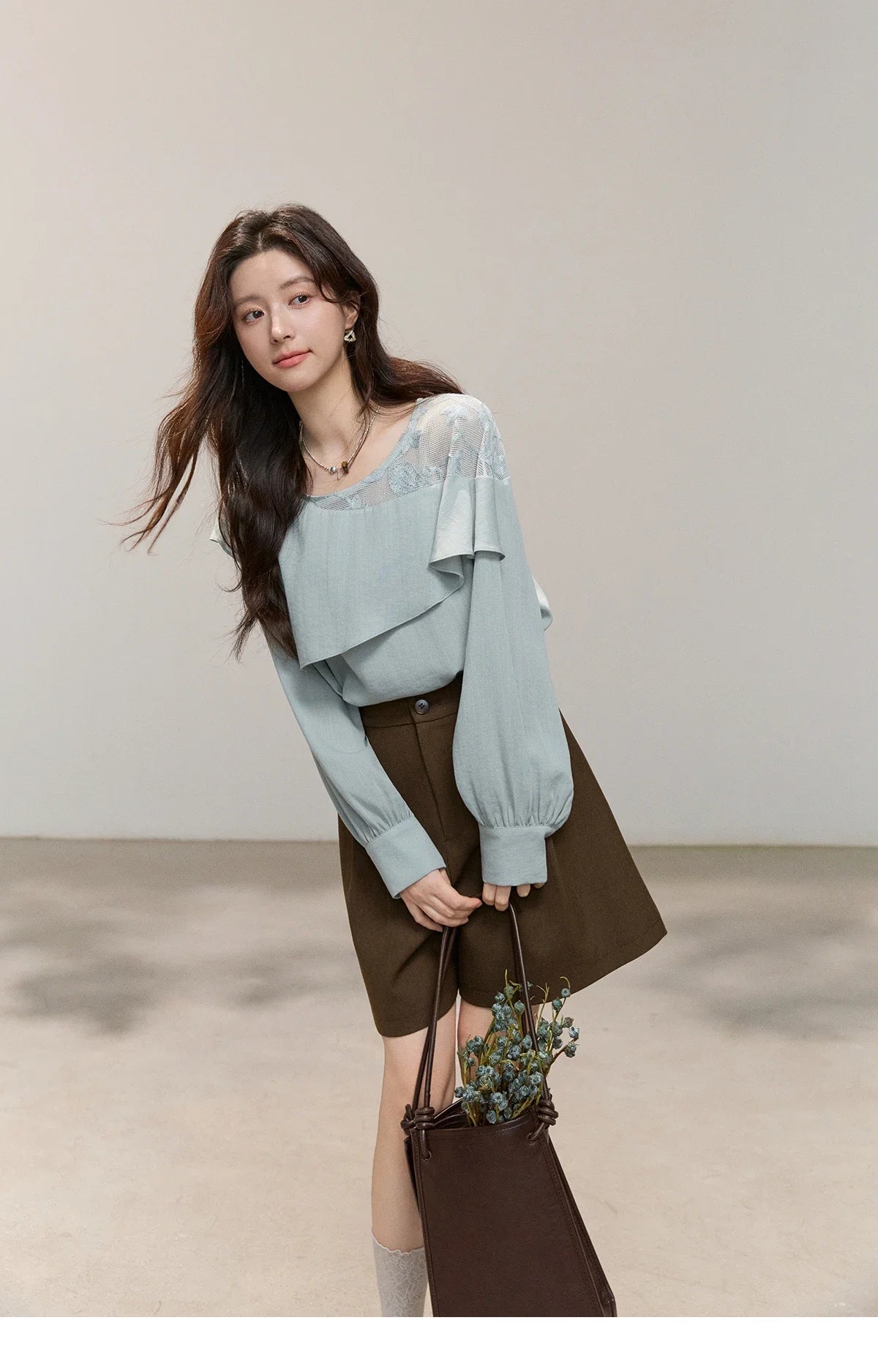Women's Asymmetric Lace Panel Long Sleeve Blouses 2026 Spring Ruffle Layered Cew Neck Casual Loose Blouse MXF14X2545