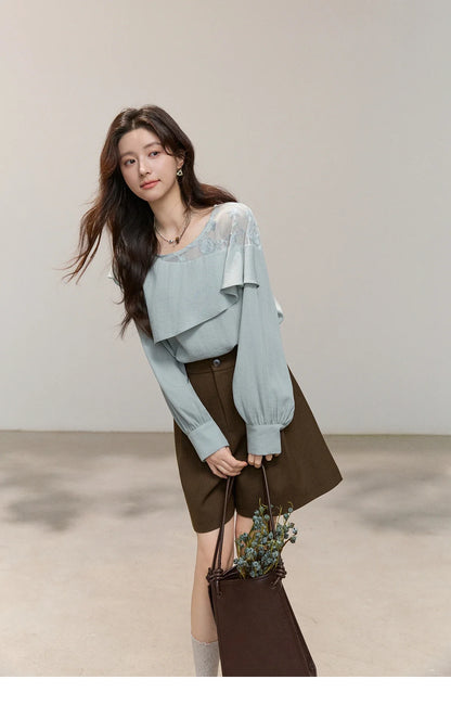 Women's Asymmetric Lace Panel Long Sleeve Blouses 2026 Spring Ruffle Layered Cew Neck Casual Loose Blouse MXF14X2545