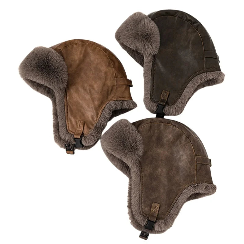 Men Winter Bomber Hat Outdoor Motorcycle Windproof Thicken Warm Faux Fur Pilot Earflap Hat Leather Thermal Ushanka
