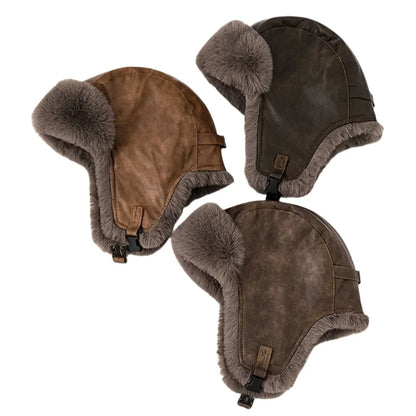 Men Winter Bomber Hat Outdoor Motorcycle Windproof Thicken Warm Faux Fur Pilot Earflap Hat Leather Thermal Ushanka