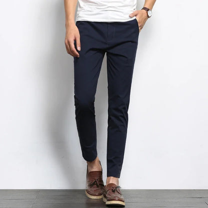 Summer Men Fashions Solid Color Casual Pants Men Straight Slight Elastic Ankle-Length High Quality Formal Trousers Men
