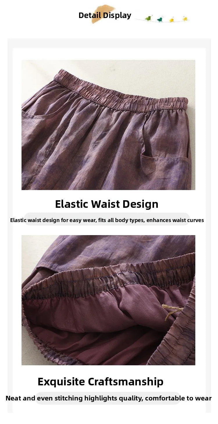 Retro Waterprint Linen Casual Nine-Piece Pants plus Size Women's Loose Elastic Waist Versatile Wide Leg Harlan Pants