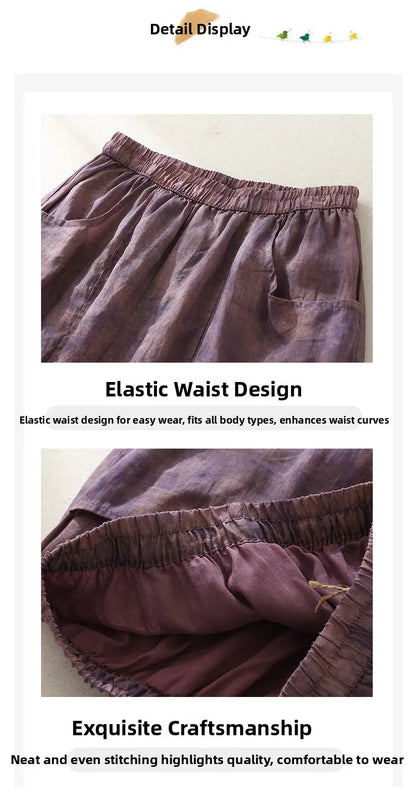 Retro Waterprint Linen Casual Nine-Piece Pants plus Size Women's Loose Elastic Waist Versatile Wide Leg Harlan Pants