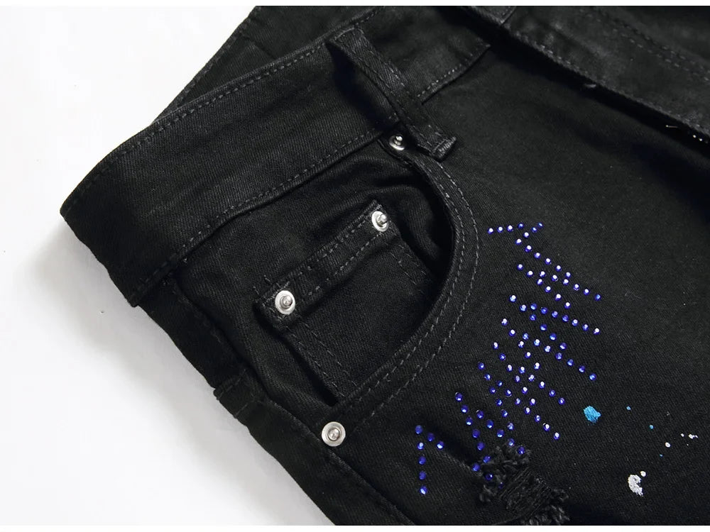 Men Crystal Cross Stretch Denim Jeans Holes Ripped Distressed Black Pants Embroidery Slim Tapered Trousers