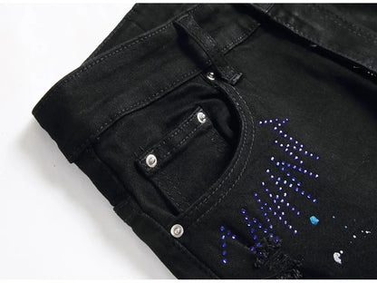 Men Crystal Cross Stretch Denim Jeans Holes Ripped Distressed Black Pants Embroidery Slim Tapered Trousers