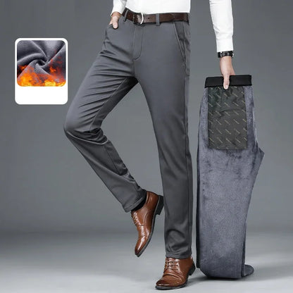 Men's autumn/winter fashionable business casual pants, elastic slim fit warm and plush suit pants, work clothes