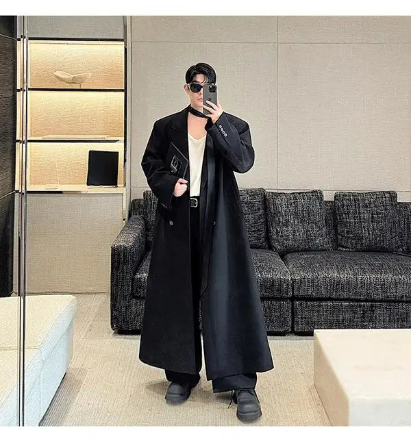 Spring Autumn Extra Logn Black Oversized Flowy Soft Trench Coat for Men with Back High Slit Loose Casual Overcoat
