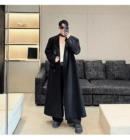 Spring Autumn Extra Logn Black Oversized Flowy Soft Trench Coat for Men with Back High Slit Loose Casual Overcoat