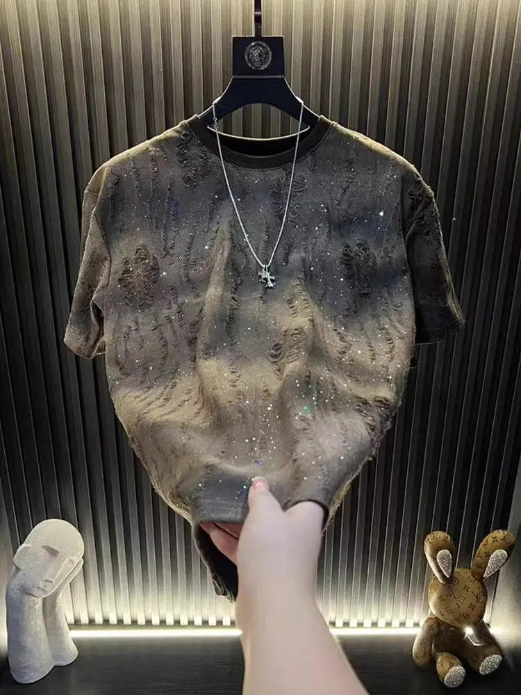 2025 Hot New Summer Men's Short-sleeved Trendy Luxury Distressed Round-neck Half-sleeve T-shirt Top