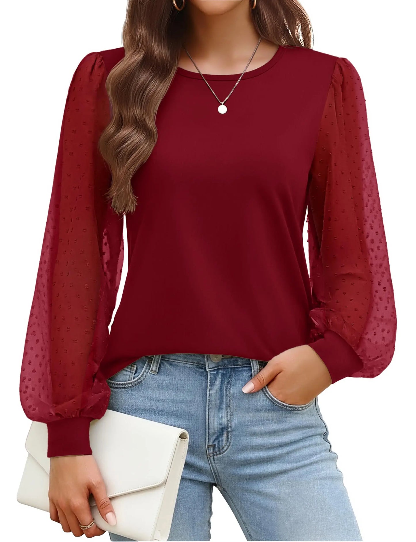Casual Trendy Ladies Dressy Shirt Womens Polka Dot Pattern Tops Long Chiffon Sleeves Inner Wear Blouses Daily Commutey