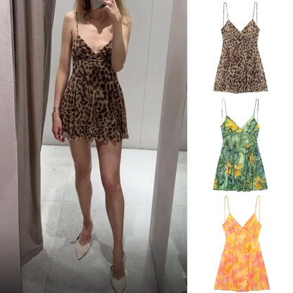 2025 Summer New collection Women's vacation Style printed silk mesh sexy V-neck halter short Dress Hot Girl Dress